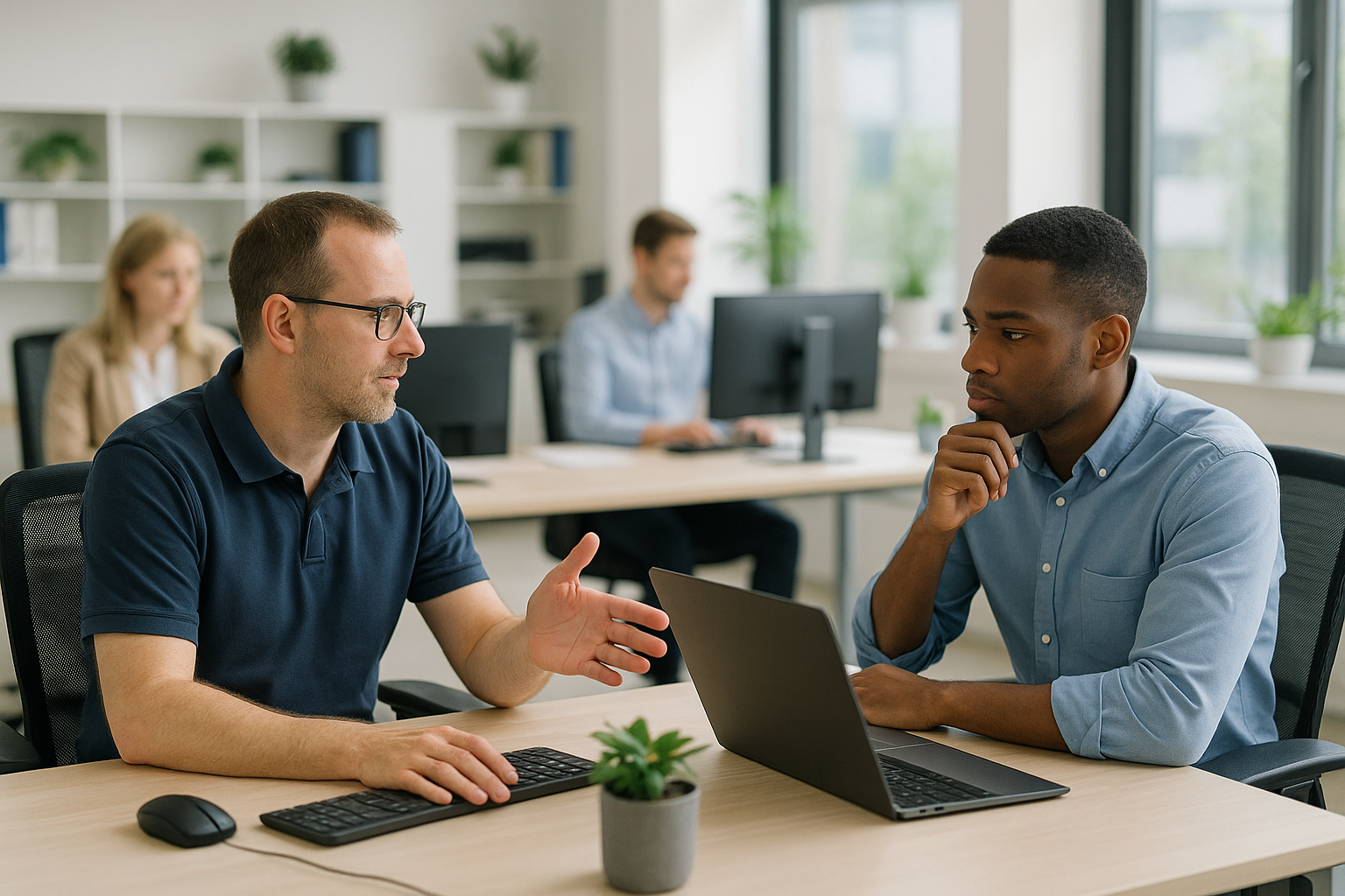 Een team van professionals werkt geconcentreerd samen in een moderne, lichte kantoorruimte met natuurlijke elementen.