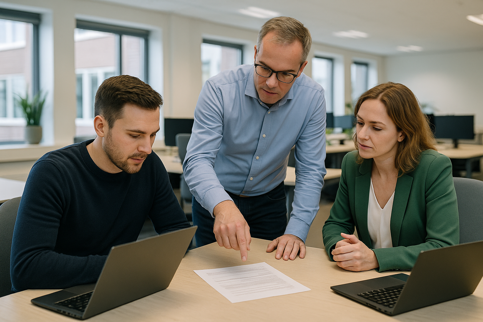 Een team van professionals werkt geconcentreerd samen in een moderne, lichte kantoorruimte met een rustige sfeer.